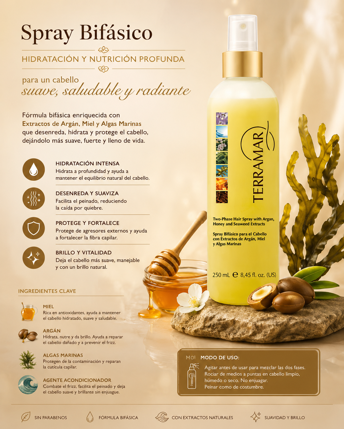 Spray Bifásico para el cabello con extractos de Argán, Miel y Algas Marinas