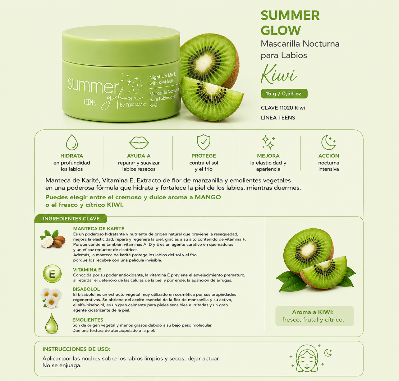 Summer Glow Mascarilla Nocturna para Labios Kiwi de Terramar