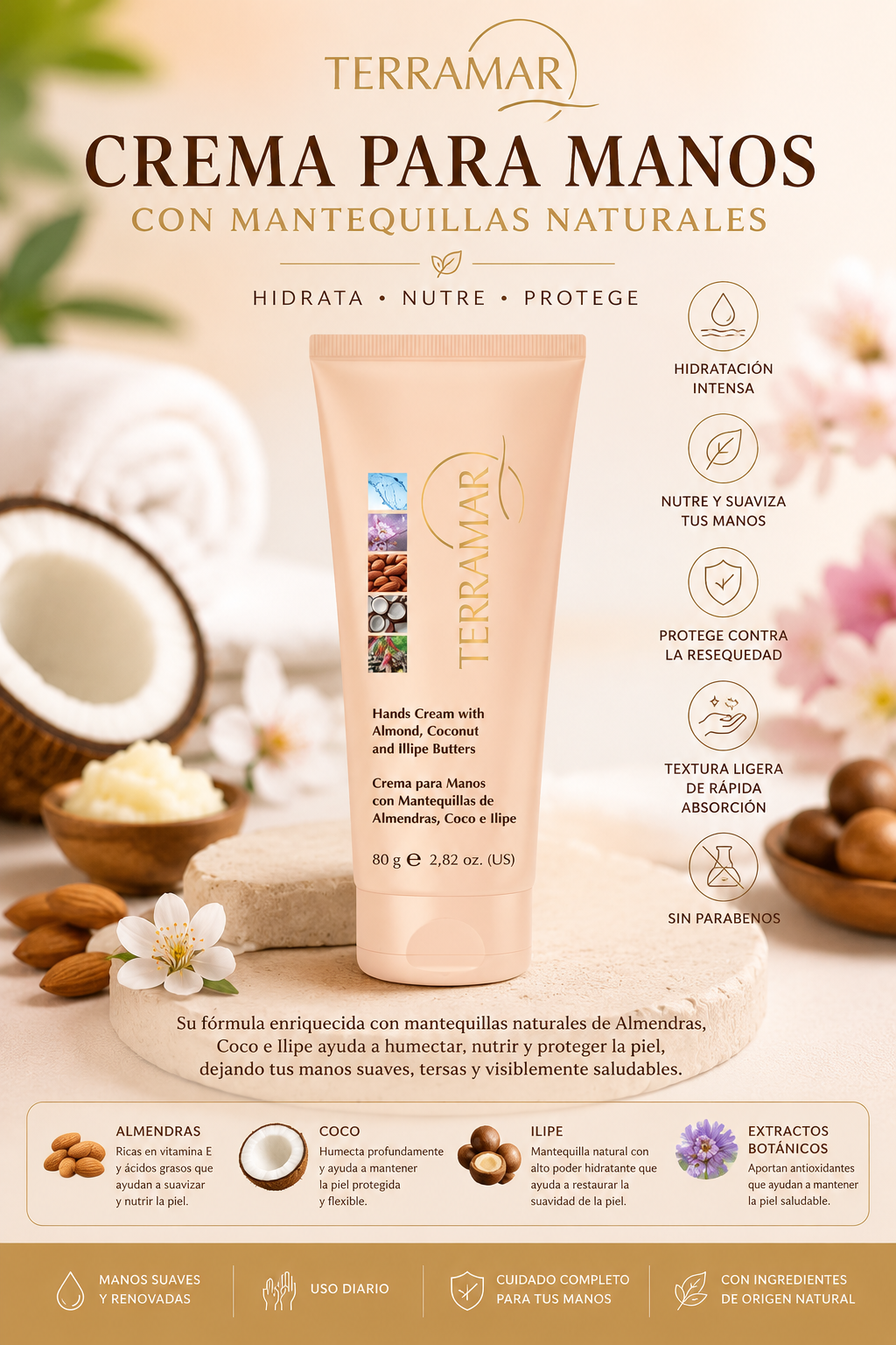 Crema para Manos con Mantequillas Naturales de Almendras, Coco e ILIPE| Terramar
