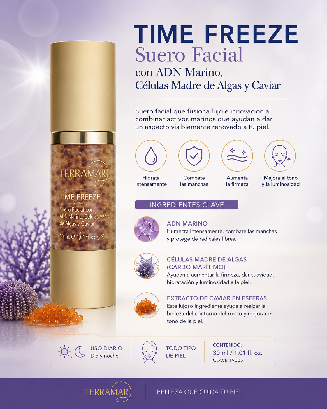 TIME FREEZE Suero Facial con ADN Marino, Células Madre de Algas y Caviar