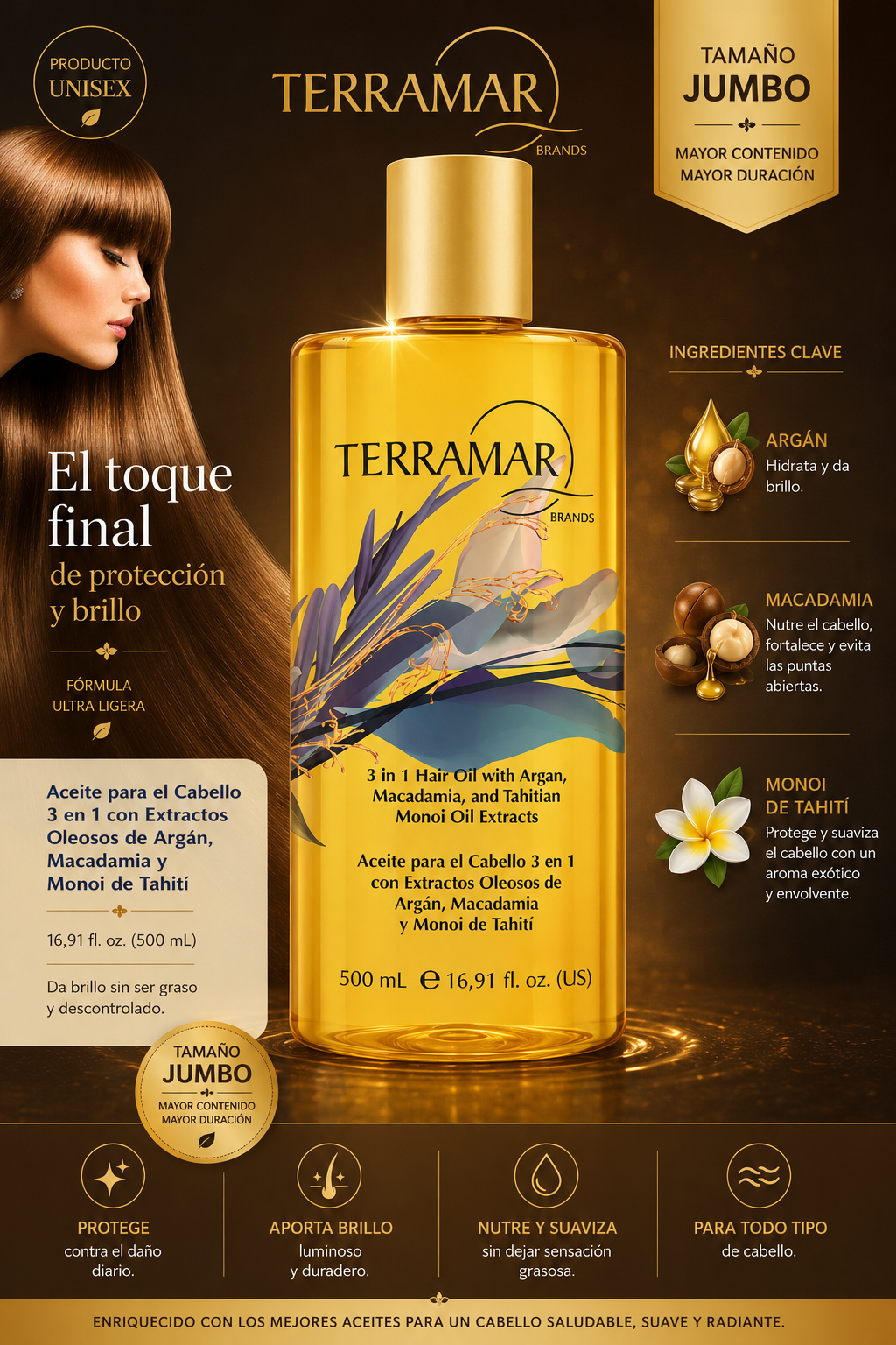 Aceite para el Cabello 3 en 1 | Tamaño Jumbo | 500 ml | Terramar