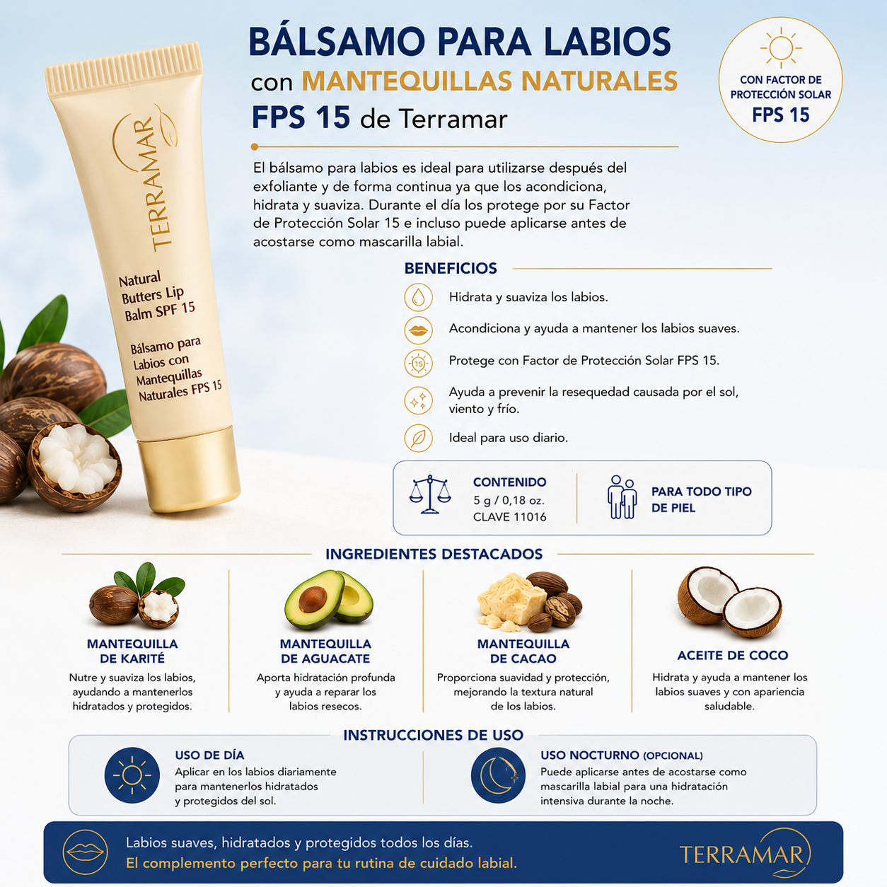 Bálsamo para Labios con Mantequillas Naturales FPS 15 de Terramar