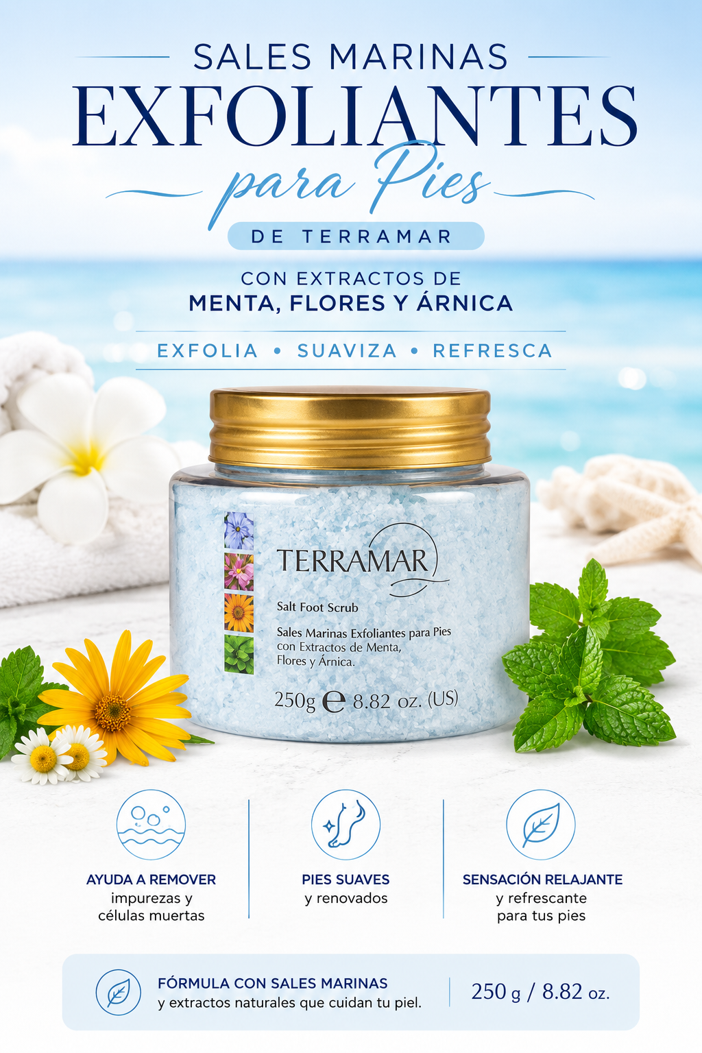 Sales Marinas Exfoliantes para Pies con Extractos de Menta, Flores y Árnica de Terramar