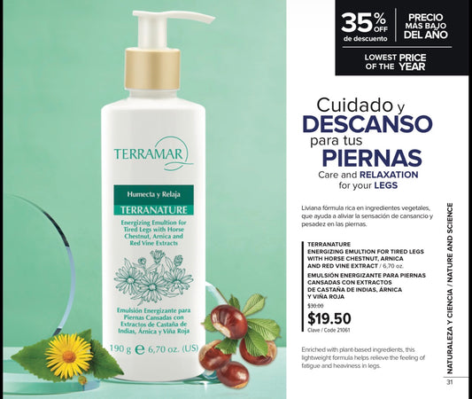 Emulsión Energizante Terranature para Piernas Cansadas con Extractos de Castaña de Indias, Árnica y Viña Roja de Terramar