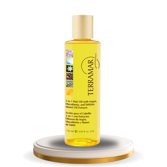 Aceite - Oleo para el Cabello 3 en l con Extractos Oleosos de Argán, Macadamia y Monoi de Tahití
120 mL / 4,06 fl. oz.