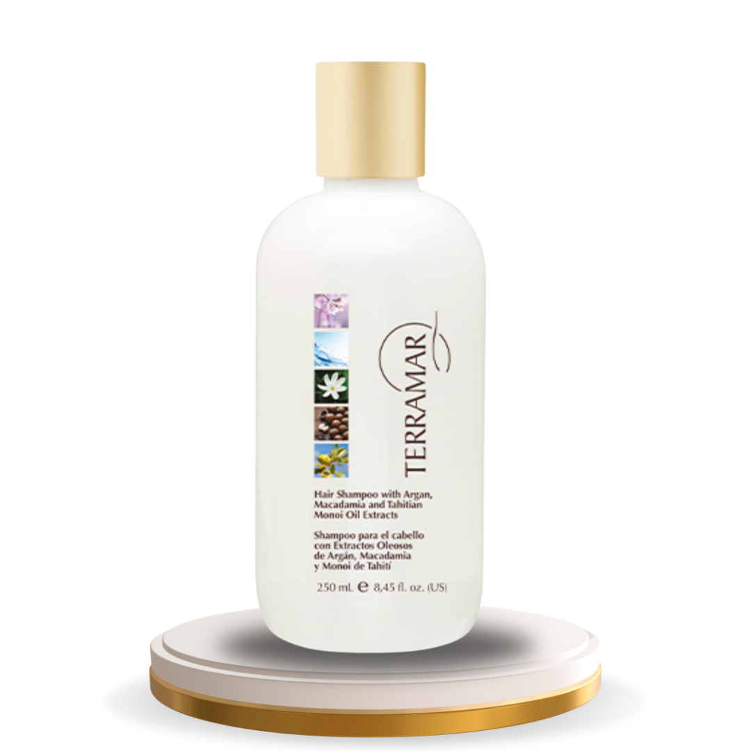 Shampoo para el Cabello con
Extractos Oleosos de Argán,
Macadamia y Monoi de Tahití - Terramar 250 ml. / 8,45 fl. oz.