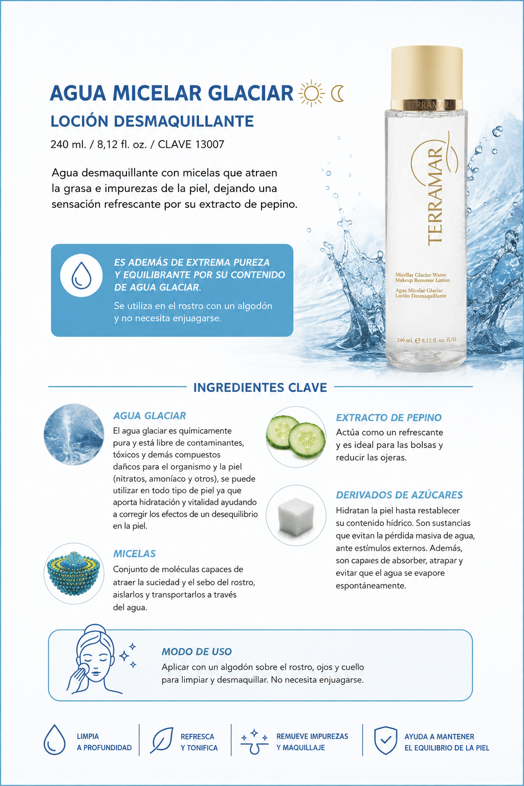 AGUA MICELAR GLACIAR
LOCIÓN DESMAQUILLANTE TERRAMAR 8,12 fl. oz.