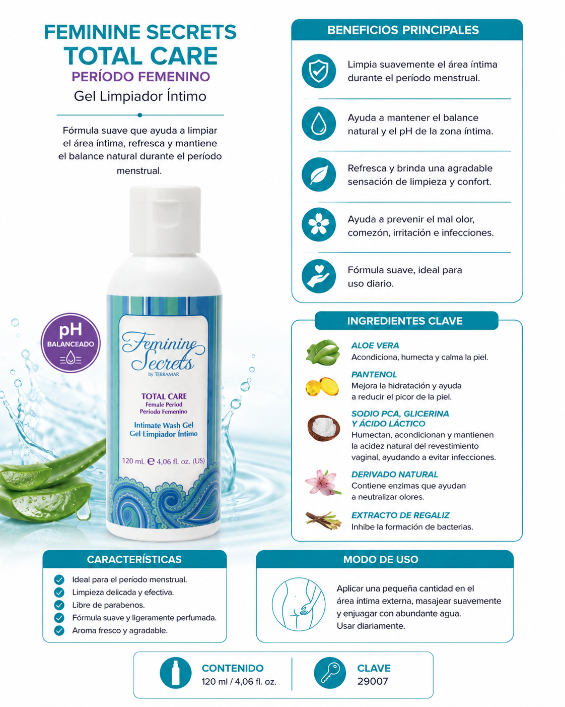 Feminine Secrets Total Care / Período Femenino Gel Limpiador Íntimo de Terramar
