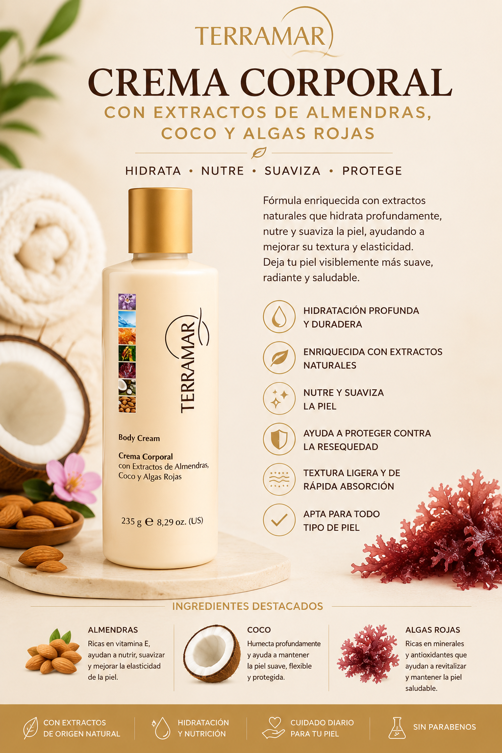Crema Corporal con Extractos de Almendras, Coco y Algas Rojas | Terramar