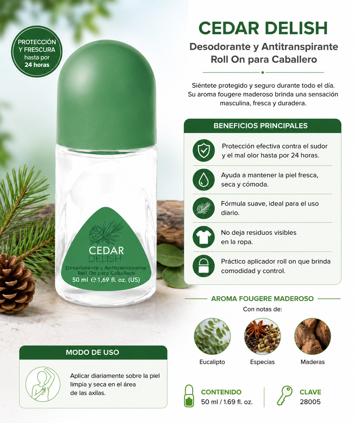CEDAR DELISH Desodorante y Antitranspirante Roll On para Caballero – Terramar