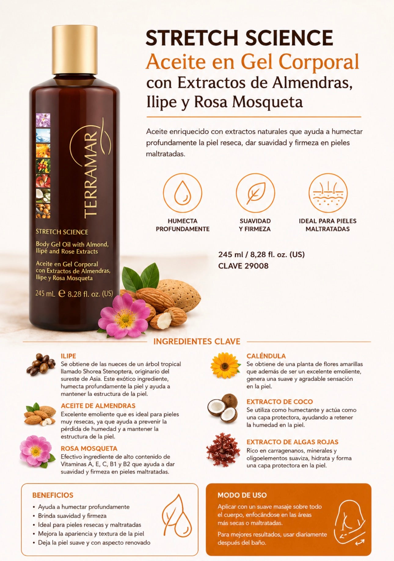 Stretch Science Aceite en Gel Corporal con Extractos de Almendras, Ilipe y Rosa Mosqueta de Terramar