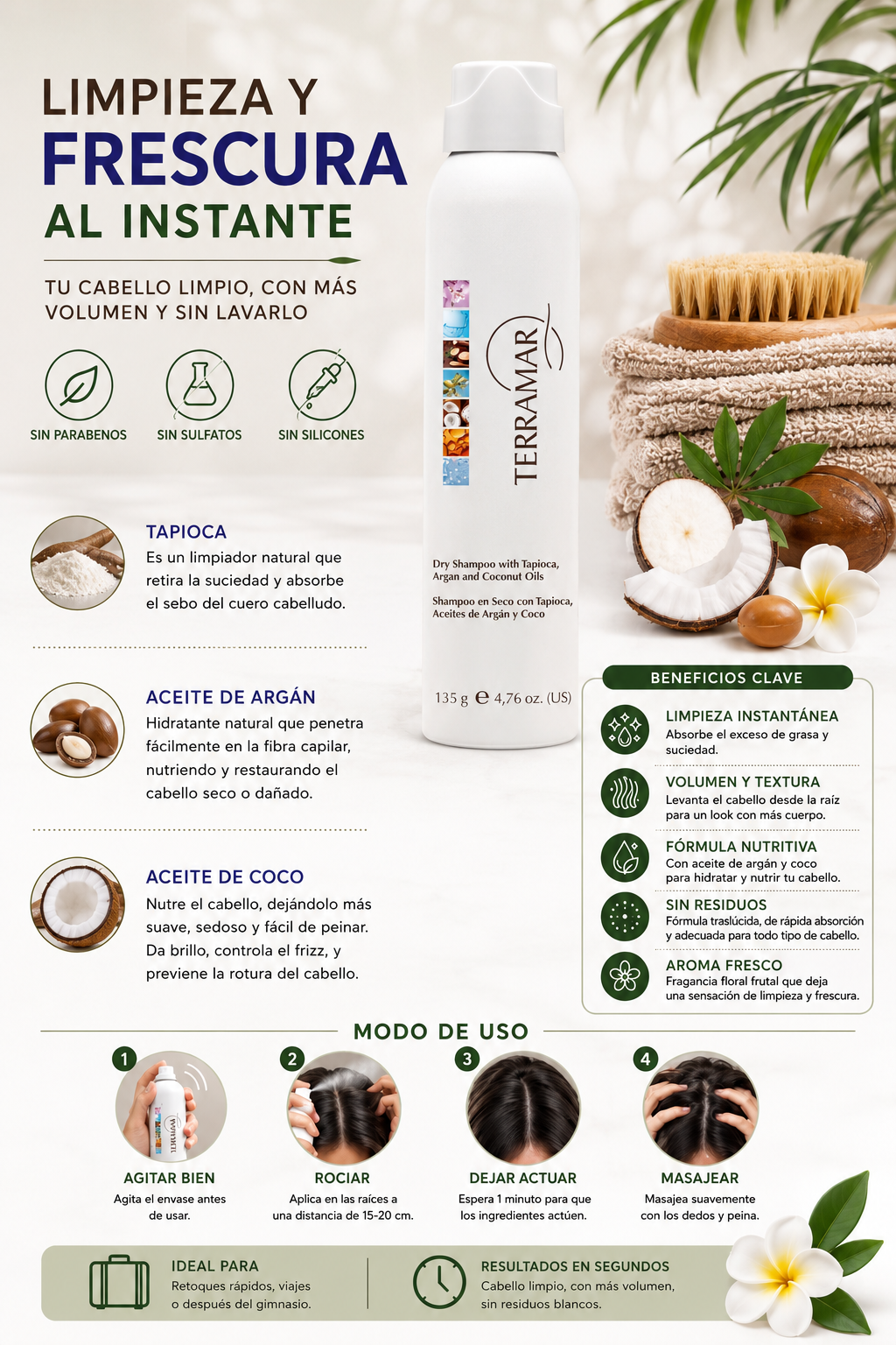 Shampoo en seco con Tapioca, Aceites de Argán y Coco