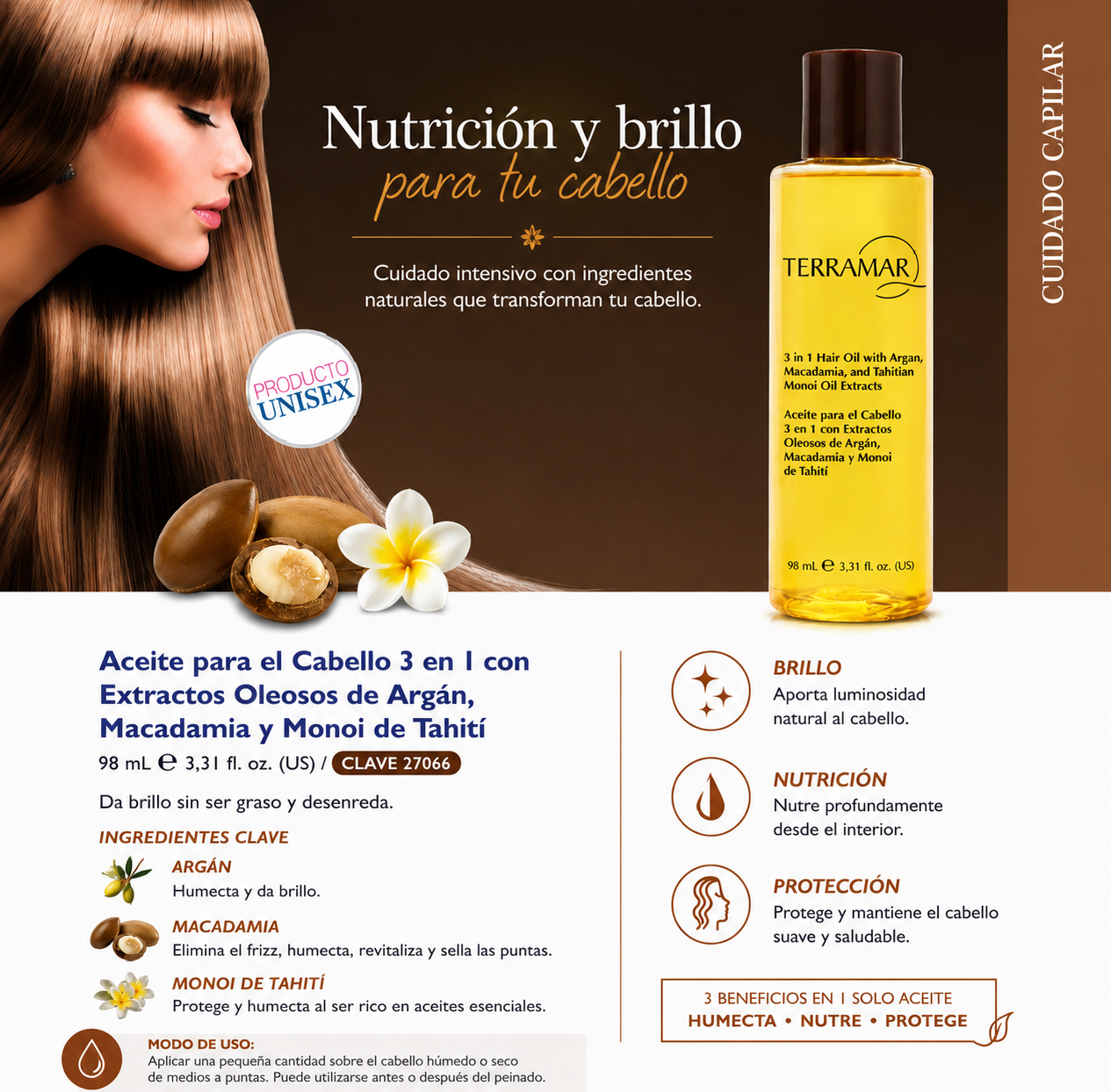 Aceite - Oleo para el Cabello 3 en l con Extractos Oleosos de Argán, Macadamia y Monoi de Tahití           3,3l fl. oz