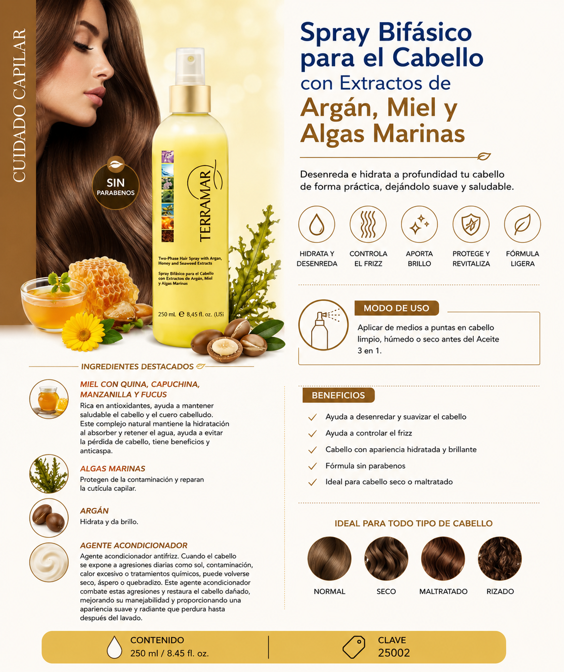 Spray Bifásico para el cabello con extractos de Argán, Miel y Algas Marinas
