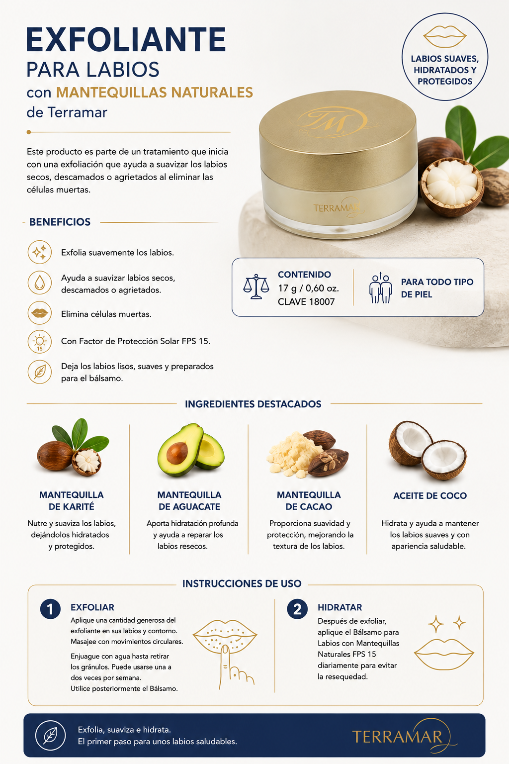 Exfoliante para Labios con Mantequillas Naturales de Terramar