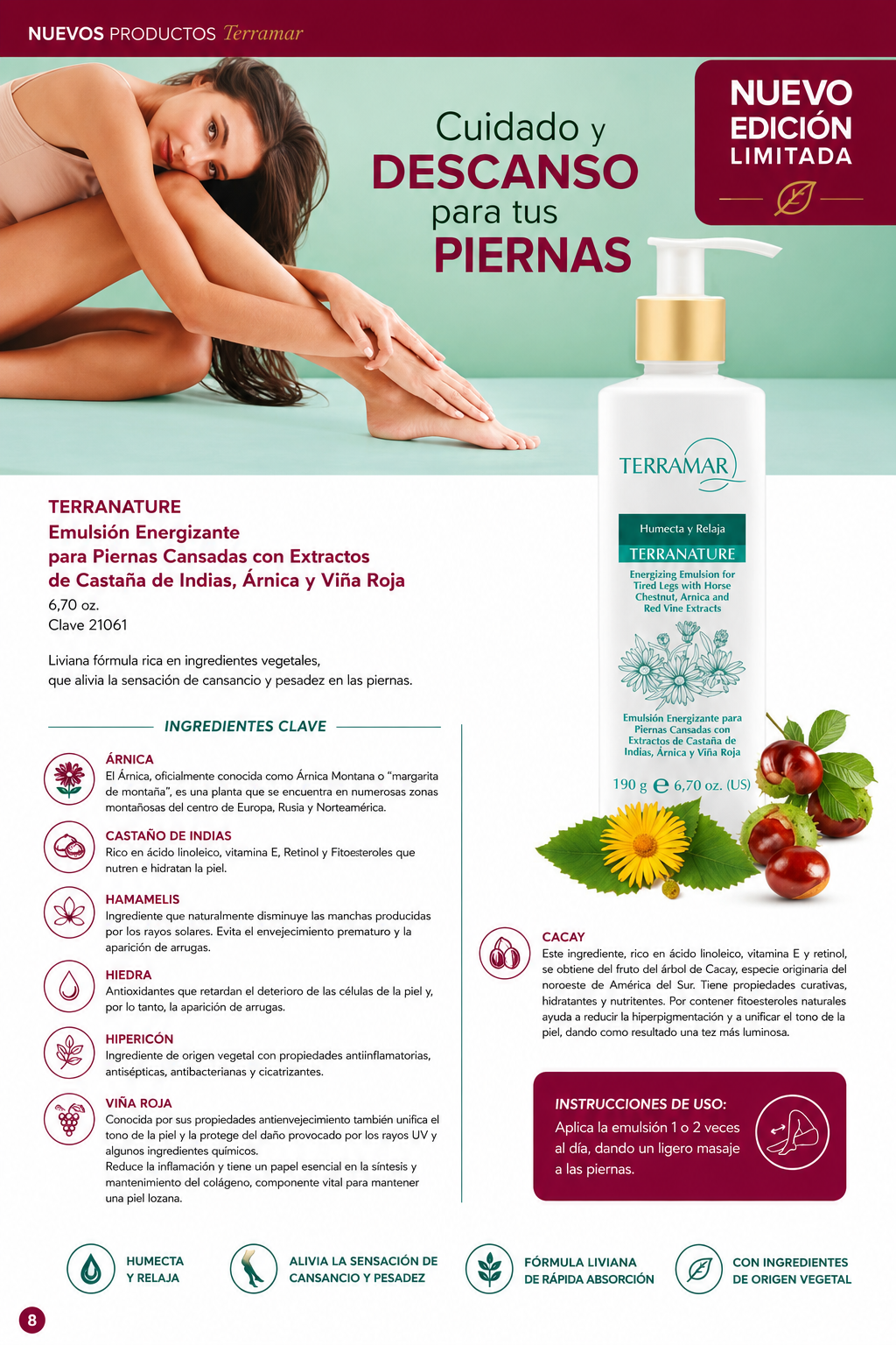 Emulsión Energizante Terranature para Piernas Cansadas con Extractos de Castaña de Indias, Árnica y Viña Roja de Terramar