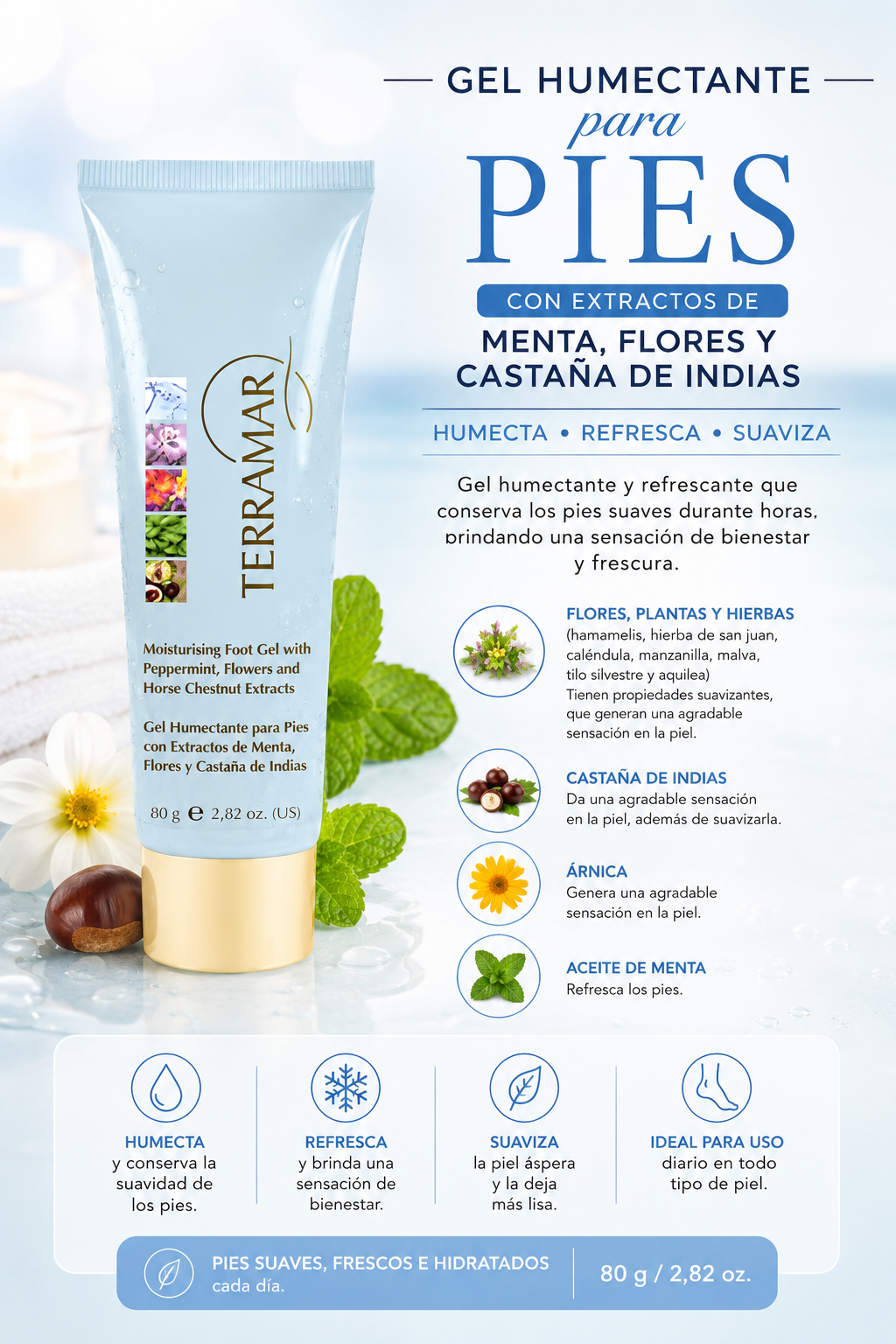 Gel Humectante para Pies con Extractos de Menta, Flores y Castaña de Indias de Terramar
