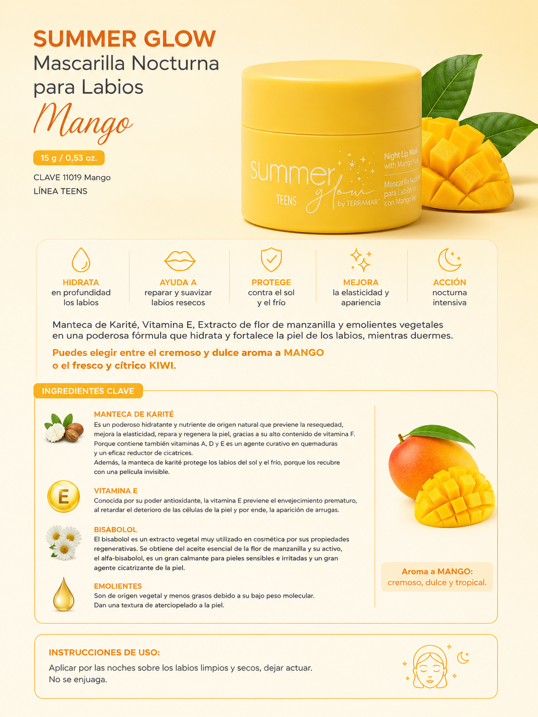 Summer Glow Mascarilla Nocturna para Labios Mango de Terramar